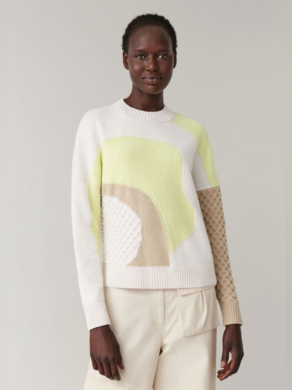 COS Cream, Light Green & Tan Colourblock Cable Knit Cotton & Wool Blend Sweater